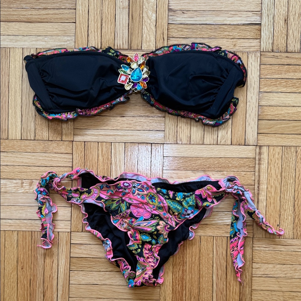 Victoria's Secret Black Bikini with Multicolor Floral Trim and Jewel Accent